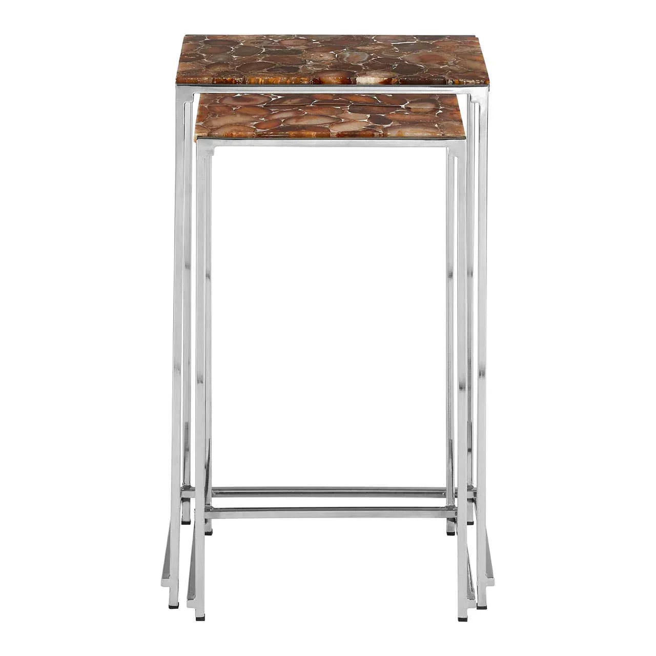 Brown agate top nesting tables with chrome metal frames, front view