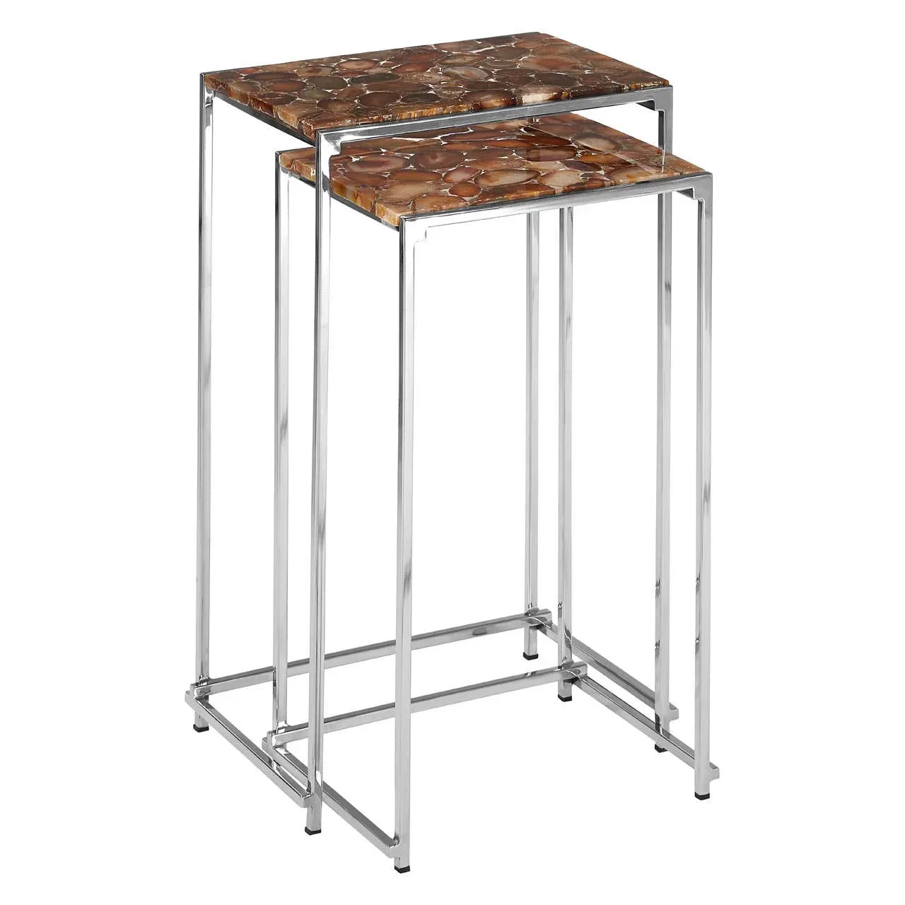 Set of two nesting side tables with polished stone tops and chrome metal frames