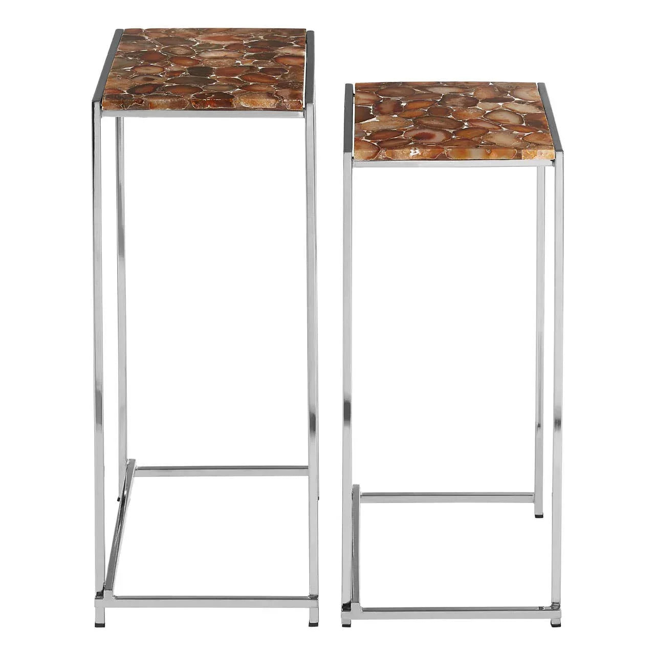Pair of metal nesting side tables with brown agate tops and chrome frames