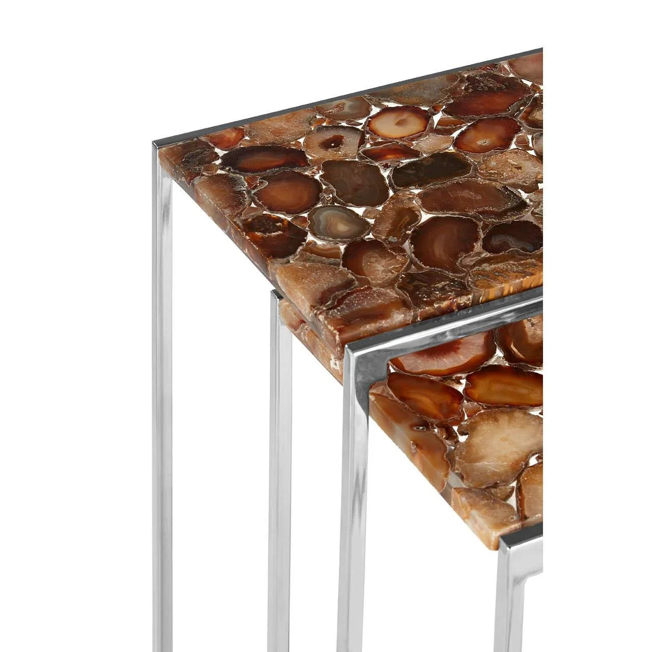 Brown agate top nesting tables with polished silver metal legs, close-up view