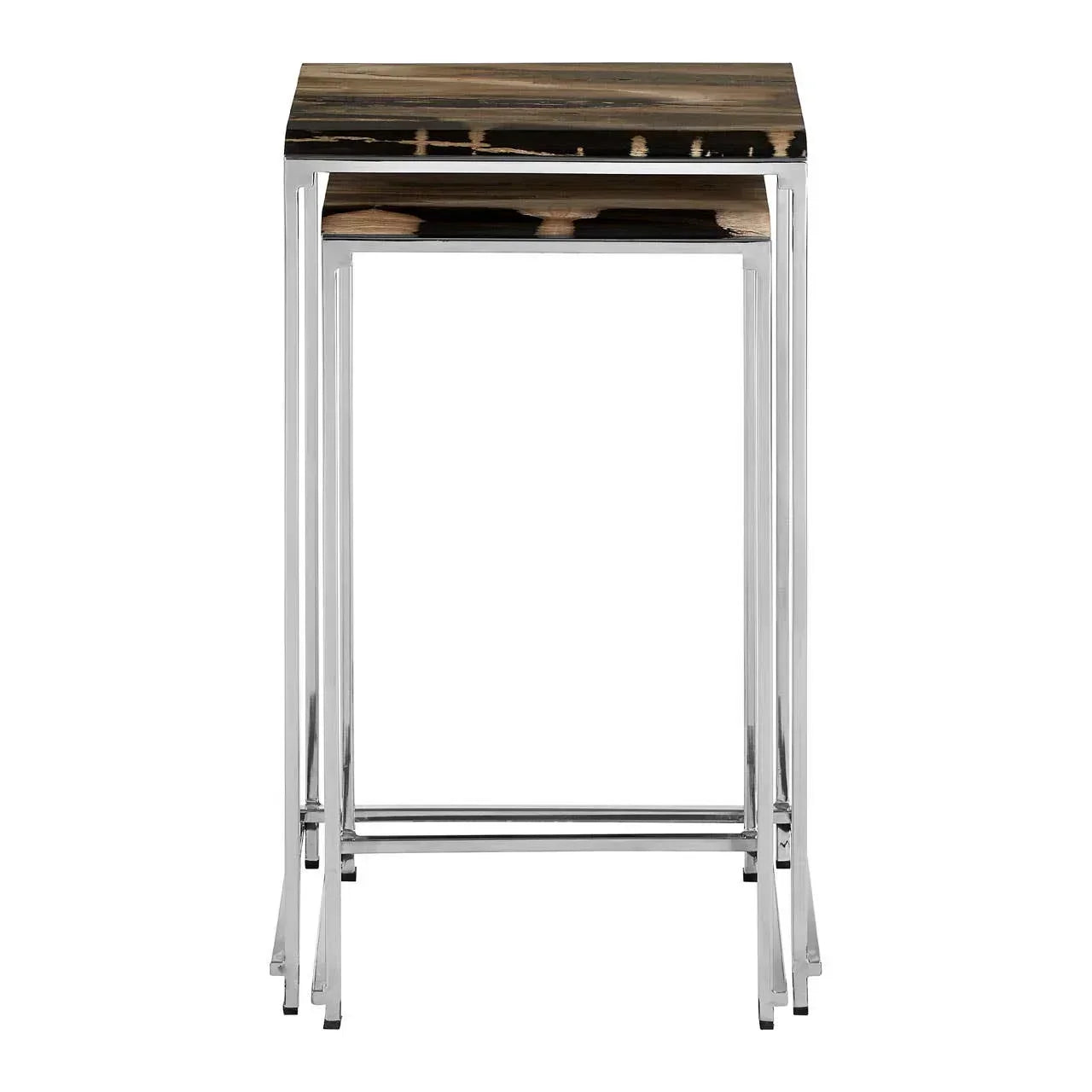 Set of nesting side tables with chrome metal legs and wood grain tops, front view