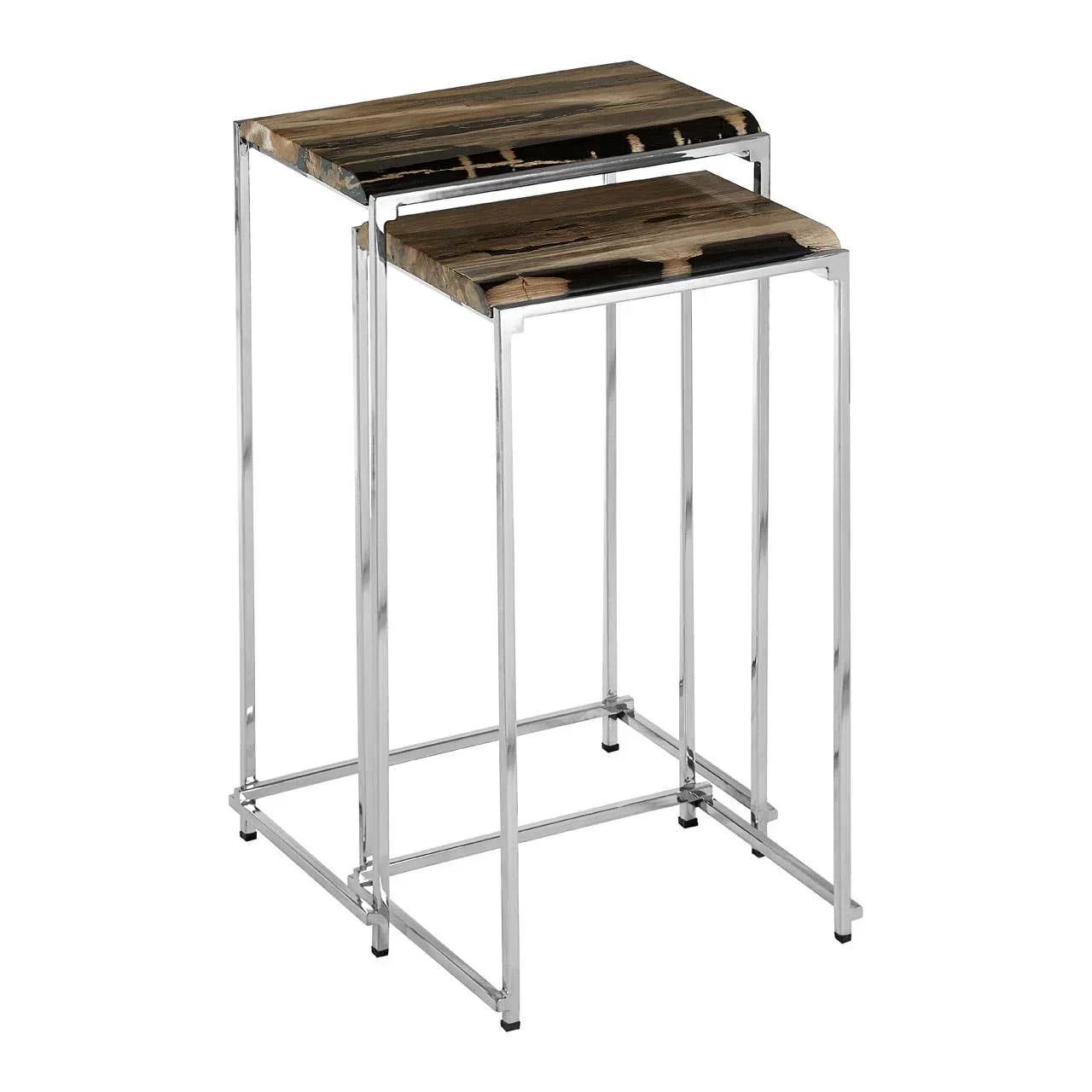 Nesting tables set with chrome metal legs and wood tops in natural finish