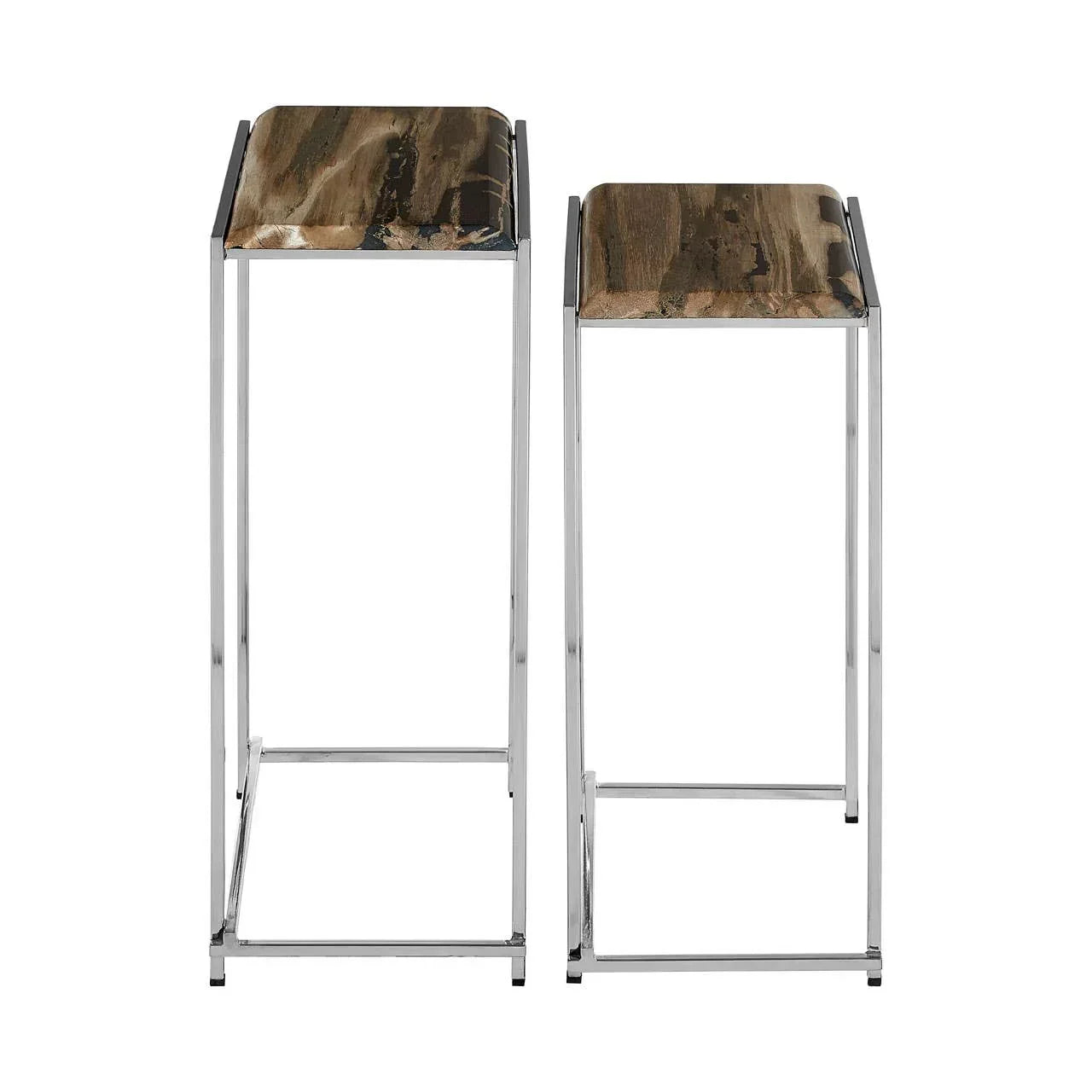 Set of two nesting side tables with chrome metal frames and wood tops