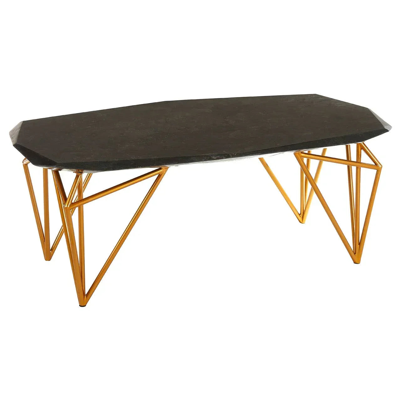 Black stone coffee table with geometric gold metal legs on white background