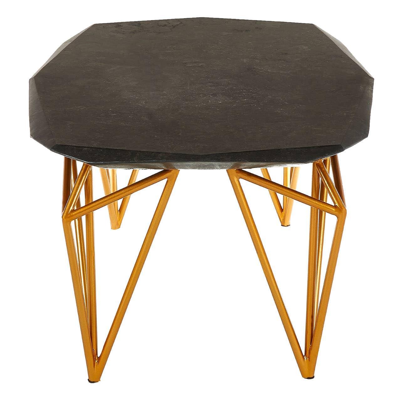 Black marble coffee table with gold geometric metal legs, octagonal top view