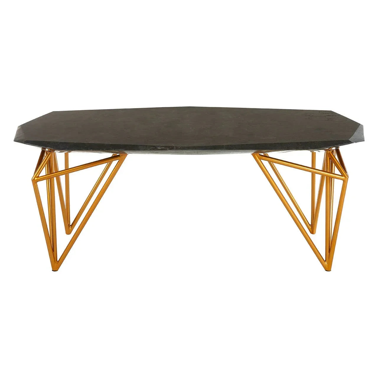 Black stone coffee table with gold geometric metal legs, front angle