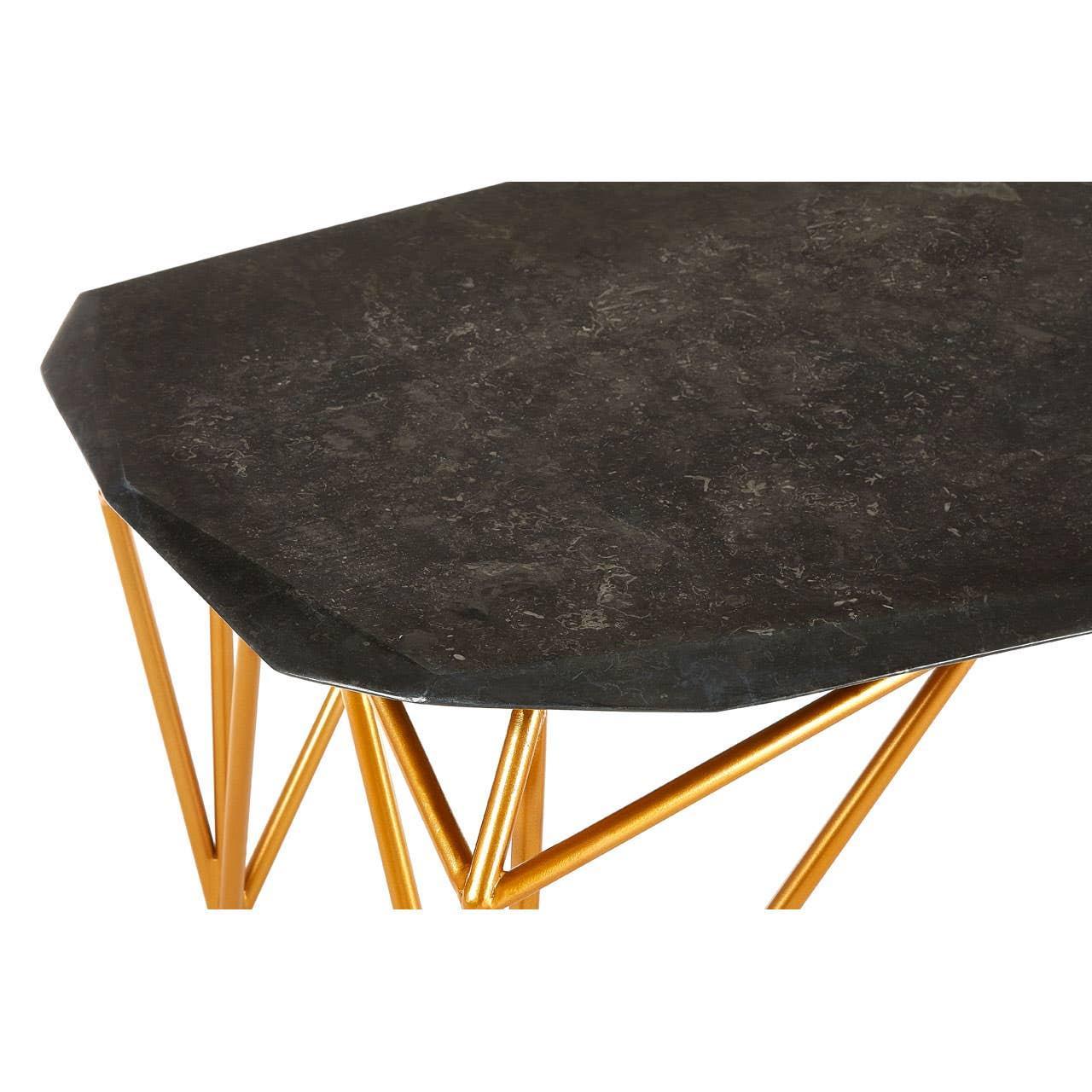 Black marble coffee table with gold metal legs, close view of octagonal top and frame