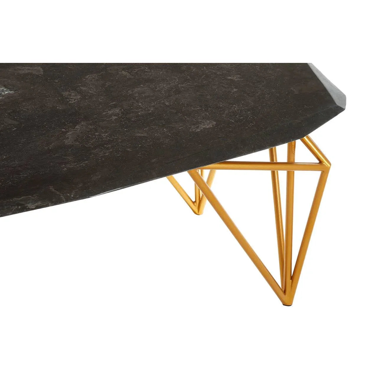 Black marble coffee table with geometric gold metal legs, close up of tabletop and frame