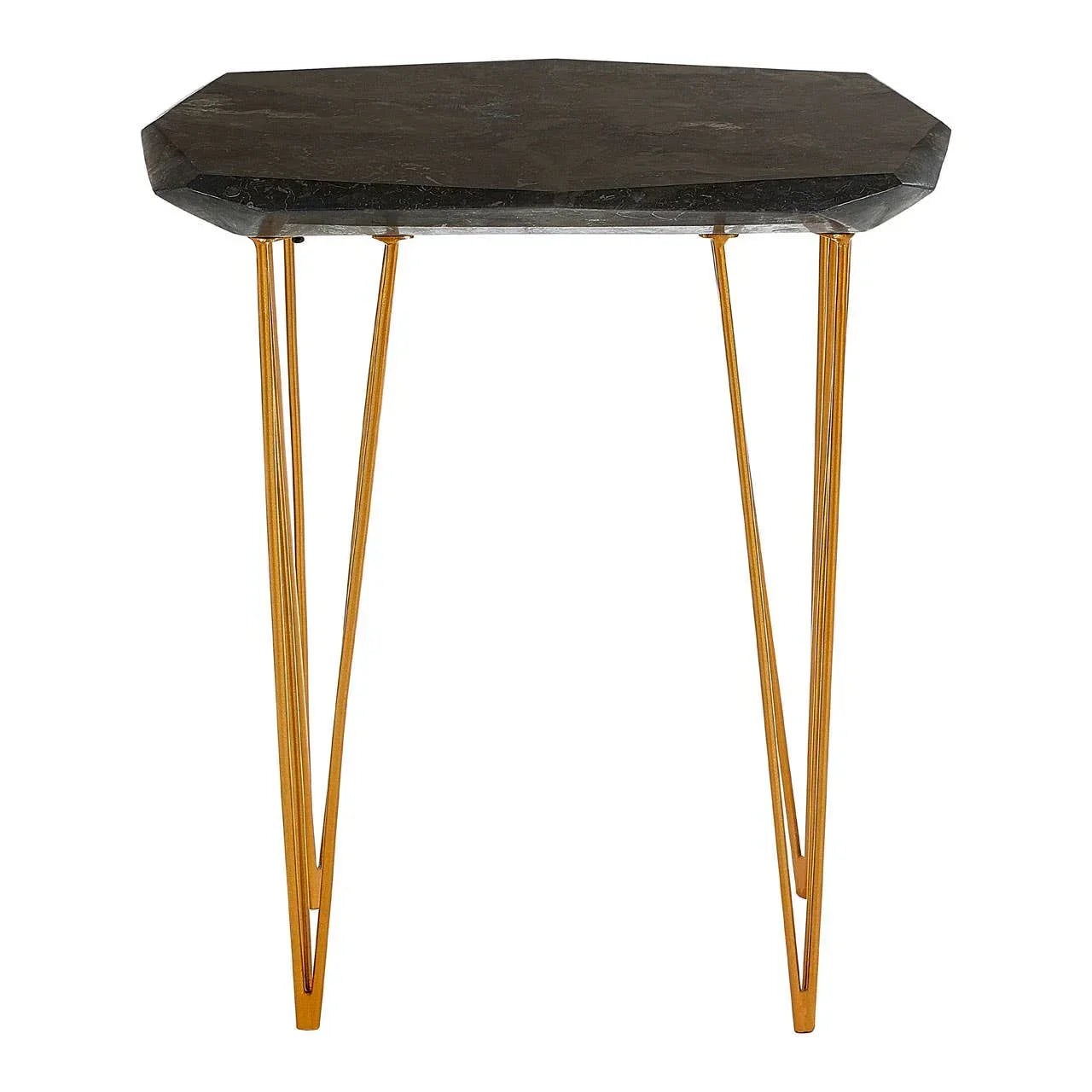 Black marble side table with gold hairpin legs, geometric shape, front view