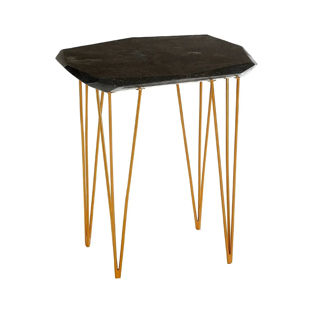 Black stone side table with gold metal hairpin legs, angled front view