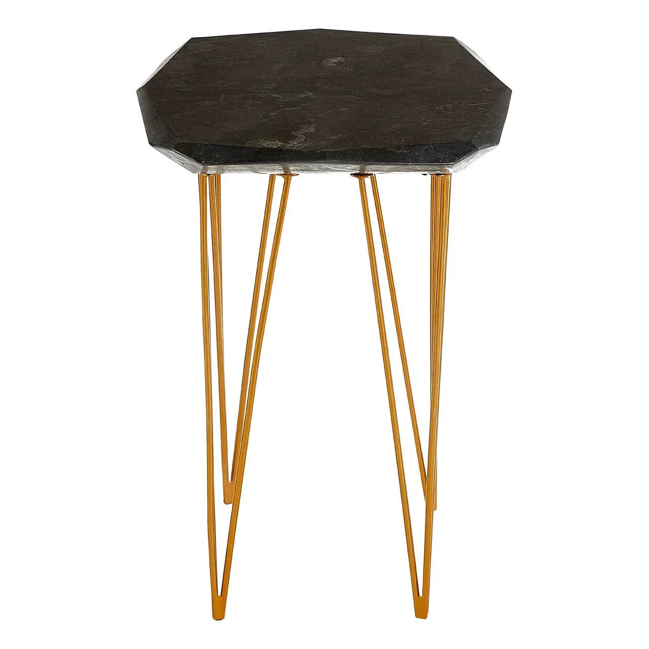 Black marble side table with gold hairpin legs, octagonal top, modern style