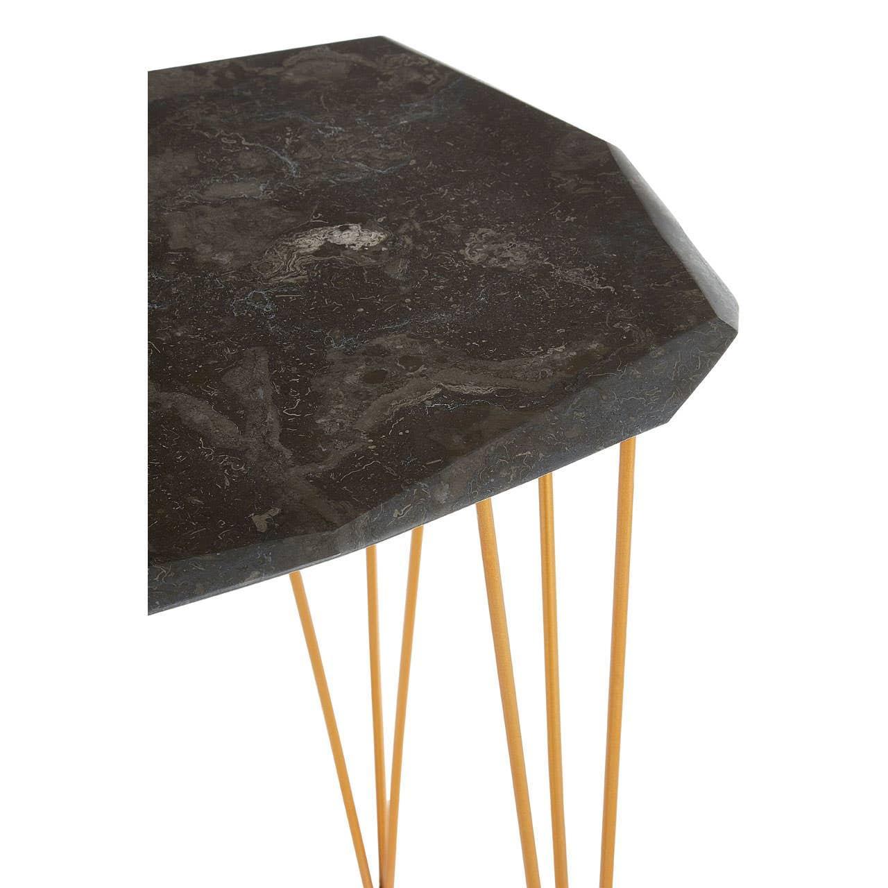 Black marble side table with geometric top and slim gold metal legs