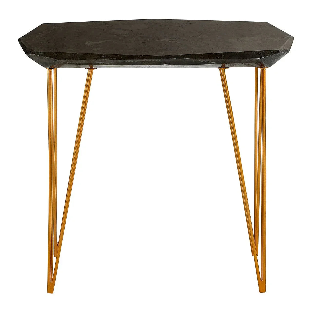 Black marble console table with geometric top and slim gold metal legs