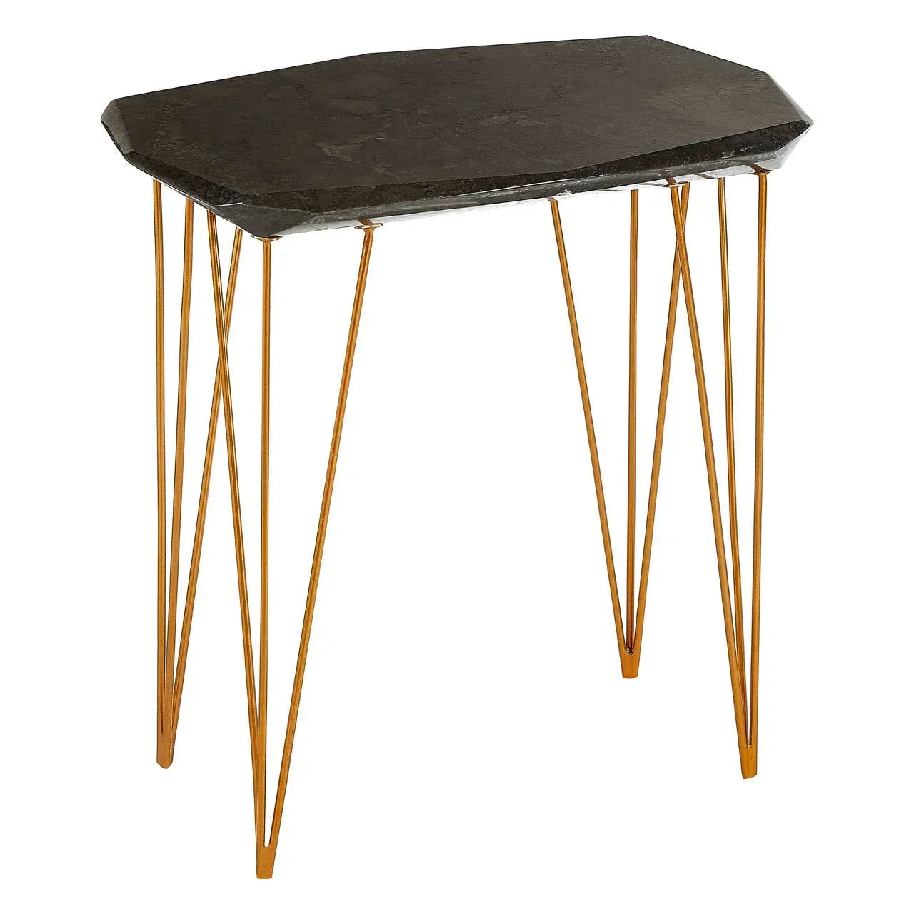Black marble side table with gold metal hairpin legs, geometric top, studio background
