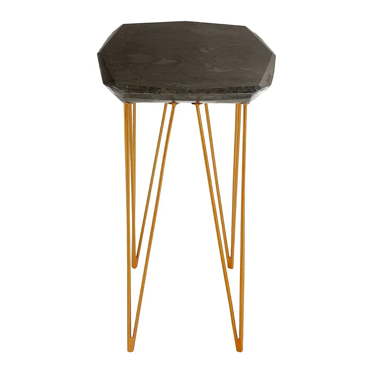 Black marble side table with geometric gold metal legs, front view