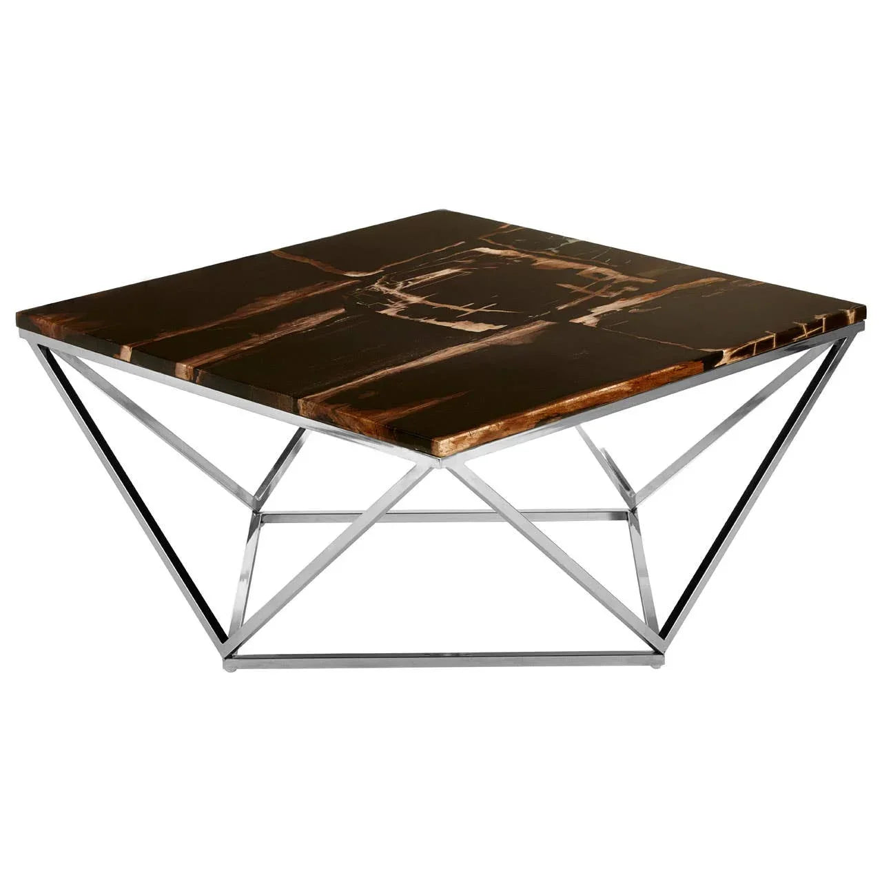 Square coffee table with dark marble effect top and geometric chrome metal base