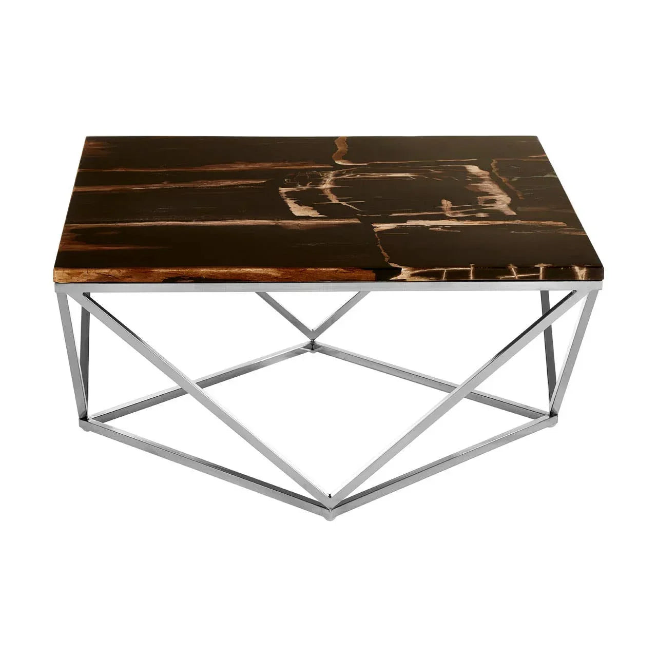 Rectangular coffee table with dark wood top and geometric chrome metal base