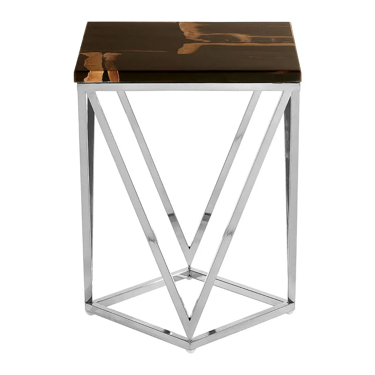 Square side table with dark wood top and chrome geometric metal frame