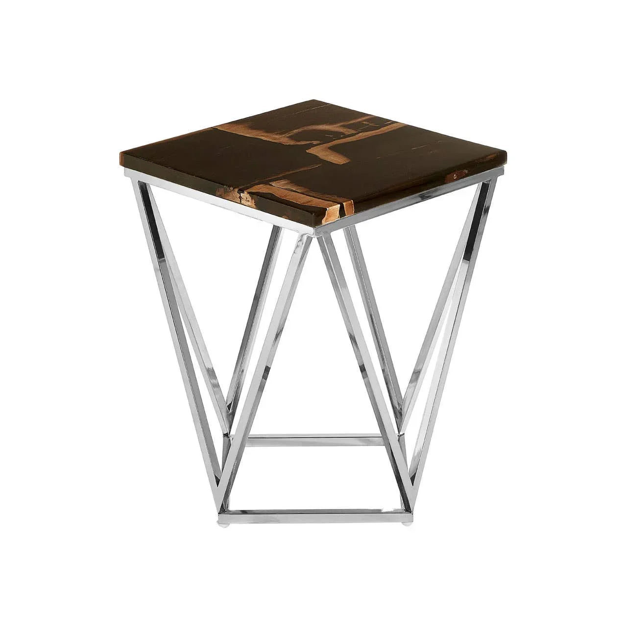 Square side table with black marble top and geometric chrome base