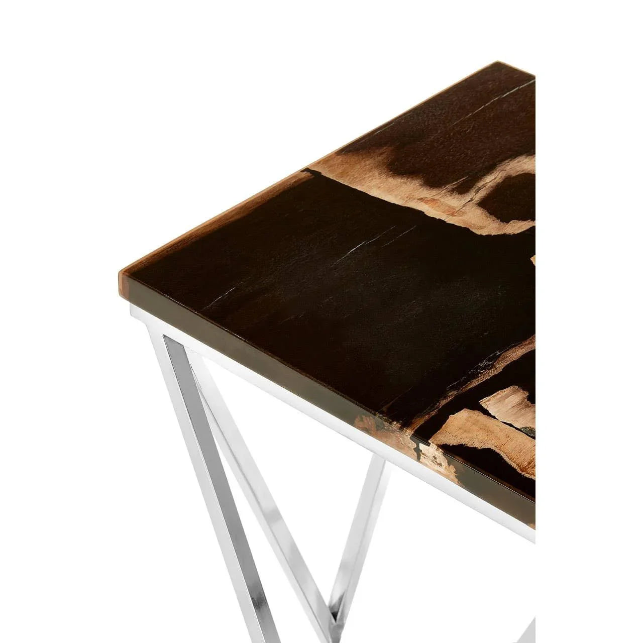 Modern side table with polished wood and epoxy top, chrome metal legs, close corner view