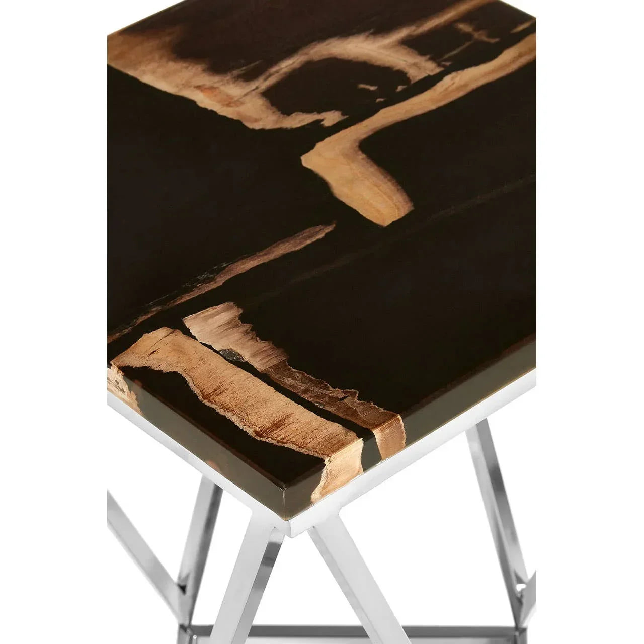 Black and gold resin side table with glossy finish and chrome metal legs, corner view