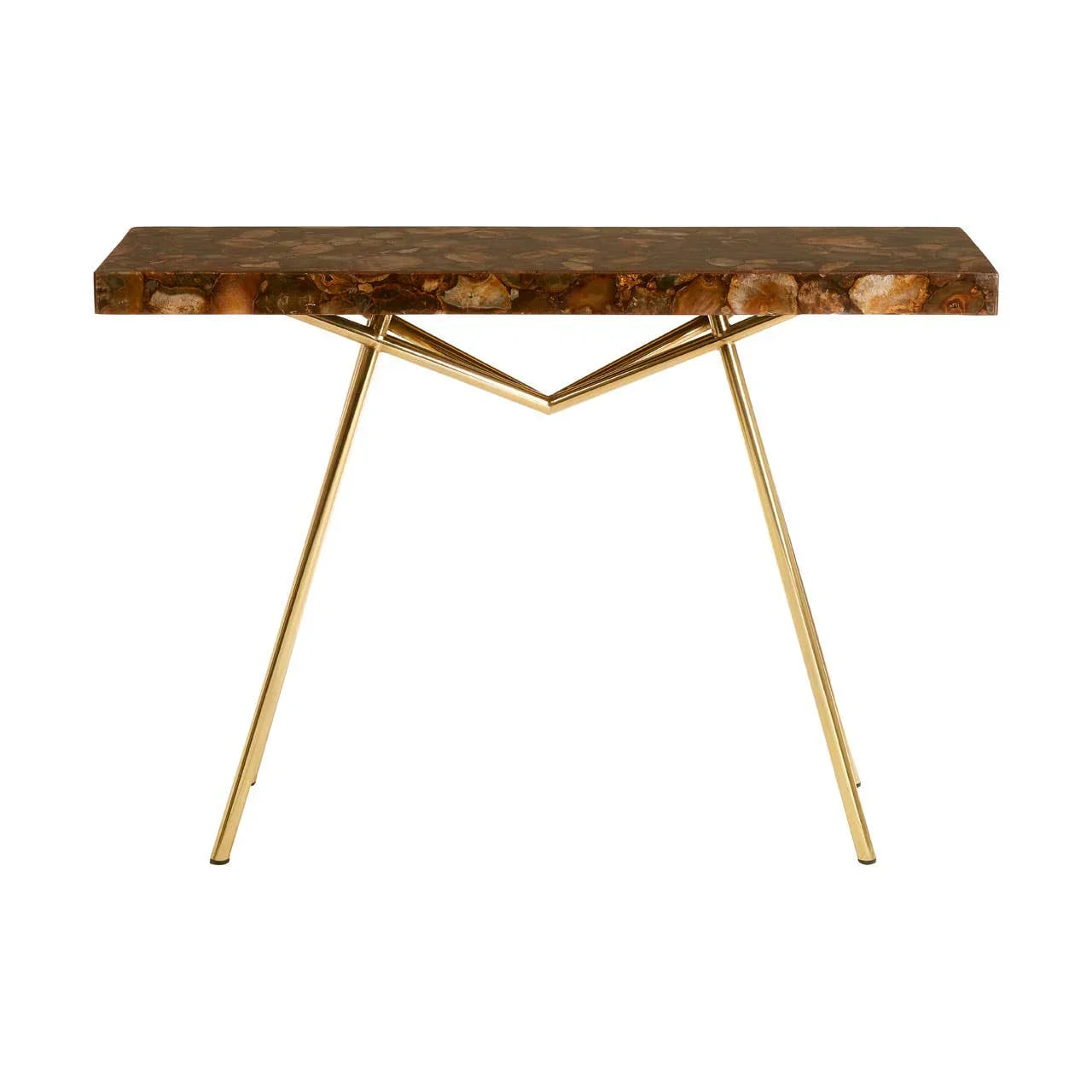 Brown agate console table with gold metal legs and geometric frame