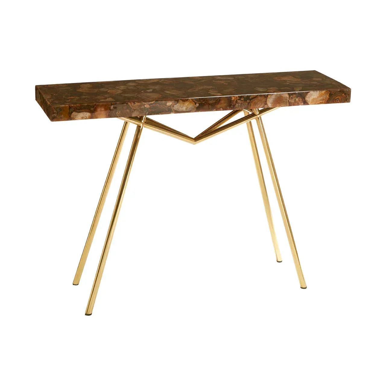 Brown marble console table with gold metal legs on white background