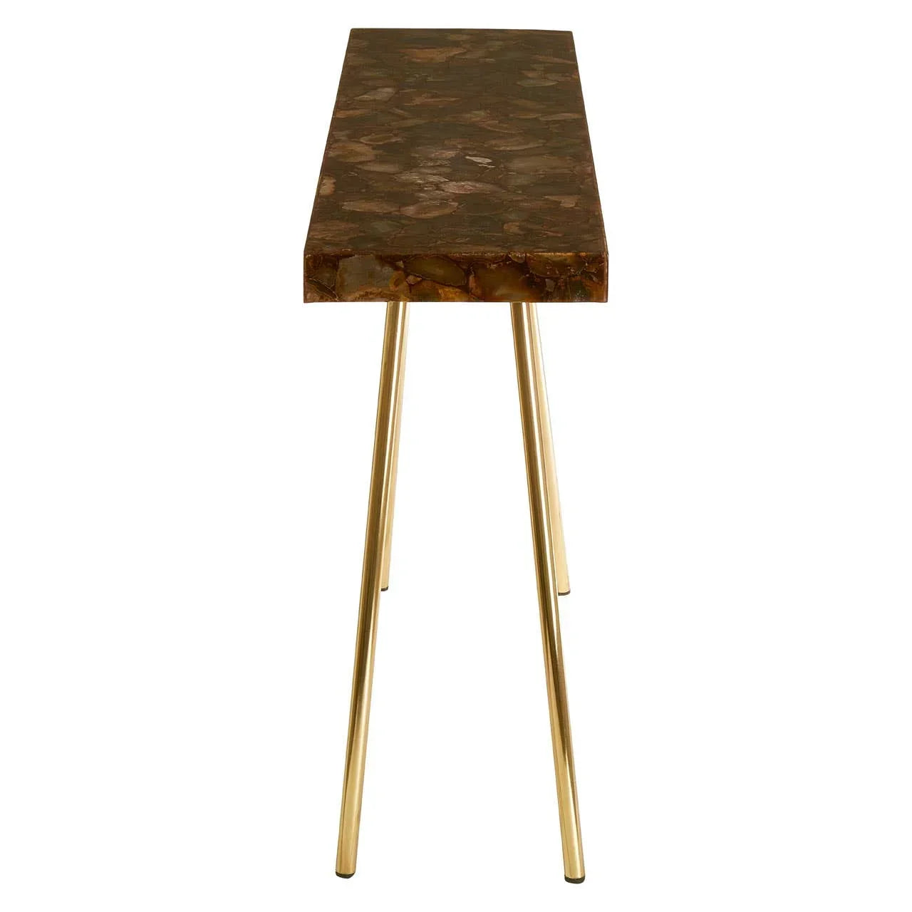 Brown marble console table with gold metal legs, side view