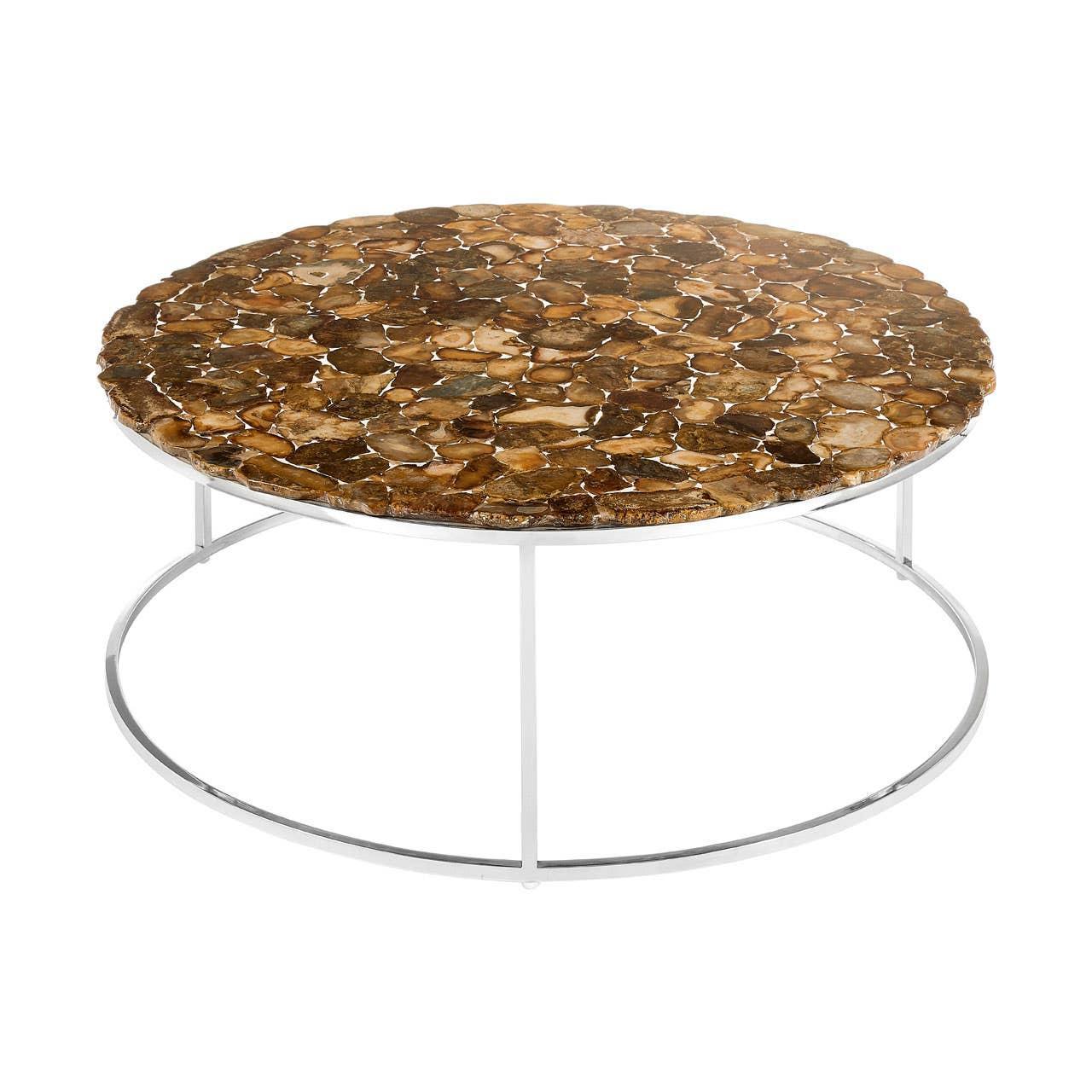 Round coffee table with polished stone top and metal frame