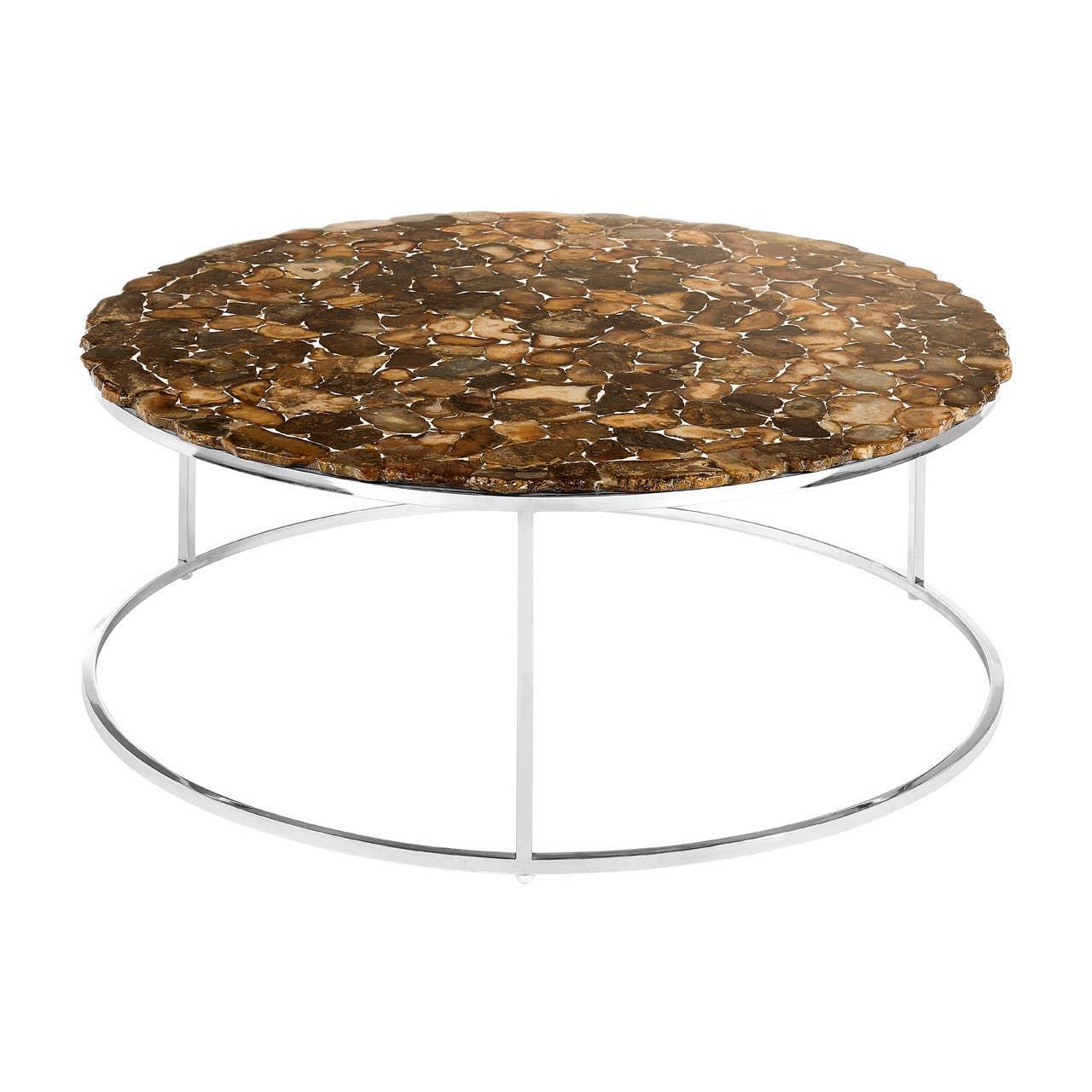 Round coffee table with brown stone top and chrome metal frame