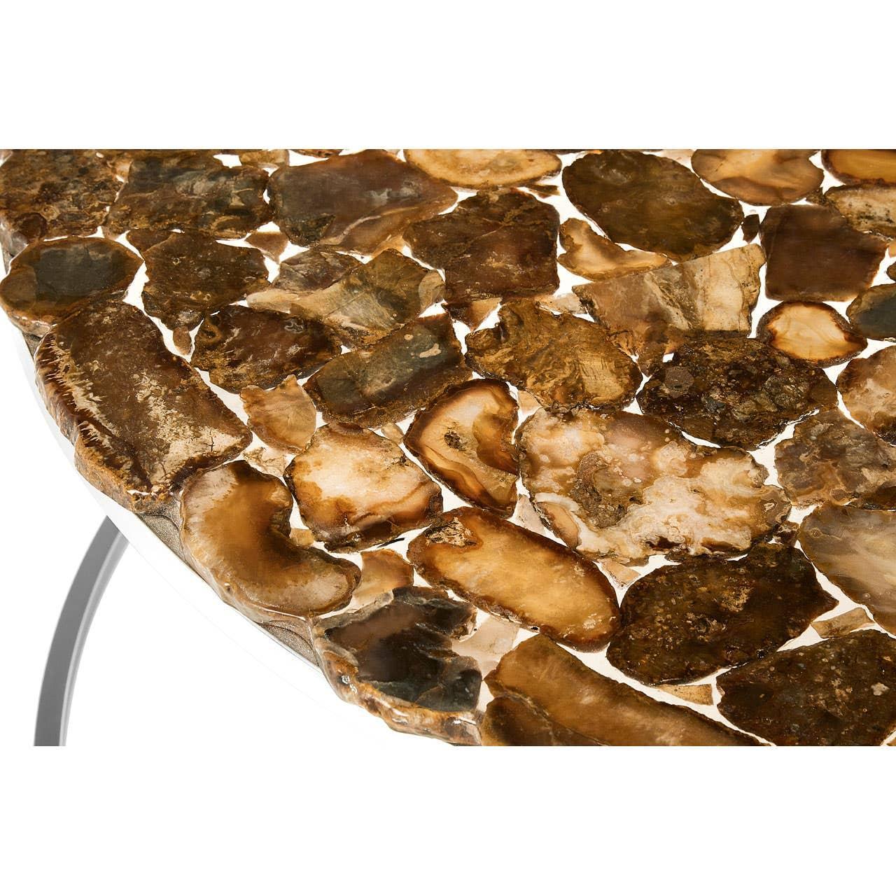 Brown agate side table with polished stone surface and metal leg detail