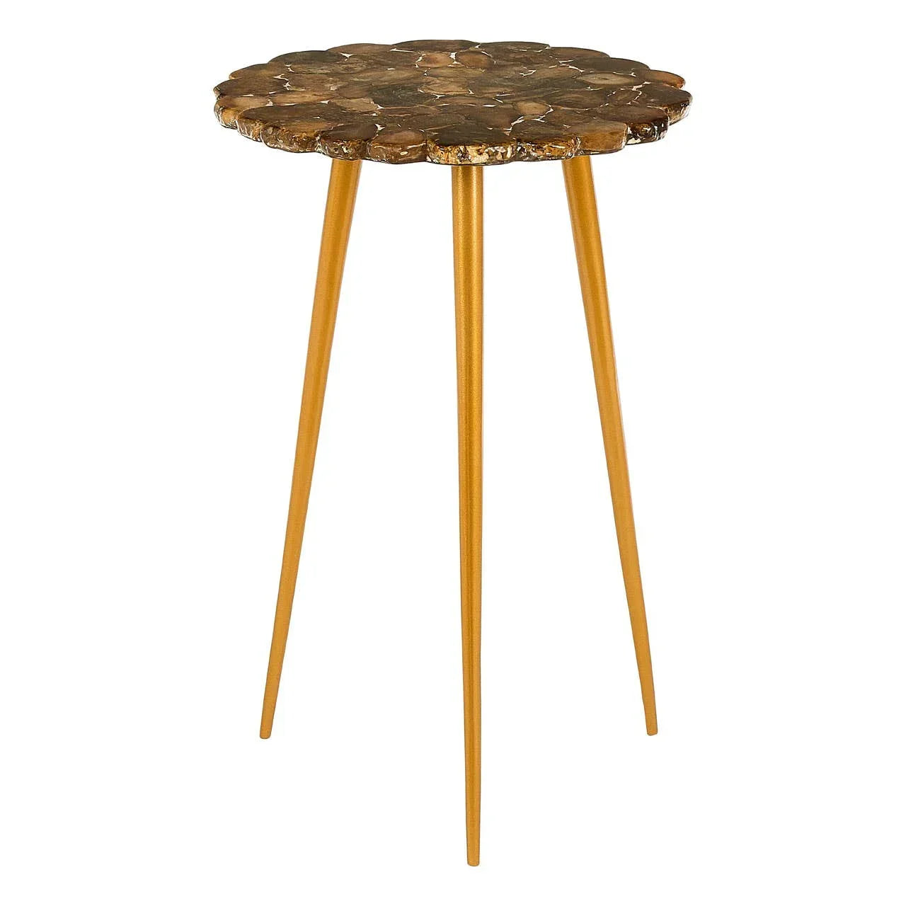 Round accent side table with brown stone top and gold metal legs