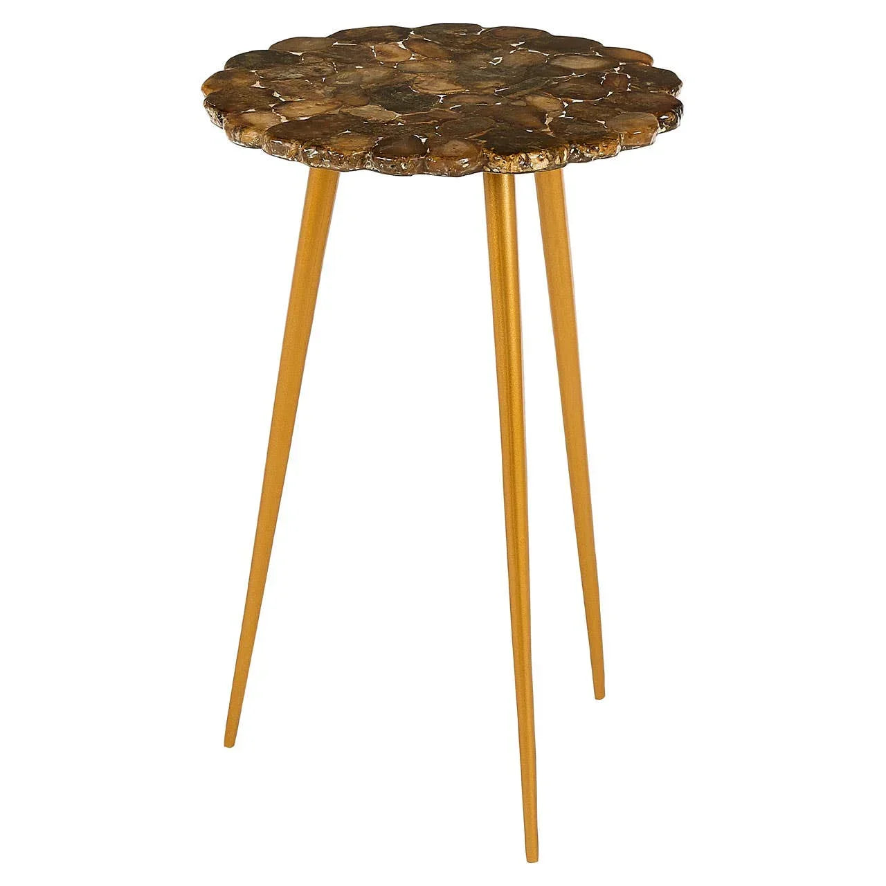 Round accent side table with brown petrified wood top and slender gold legs
