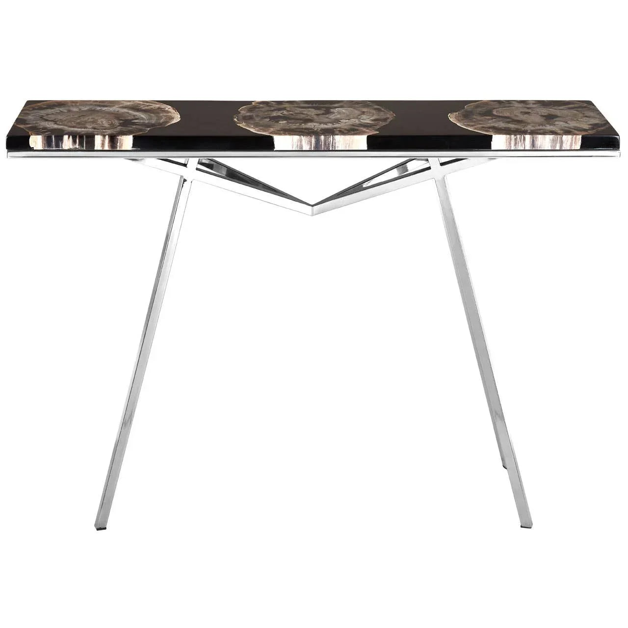 Black console table with silver petrified wood detail and angled chrome legs