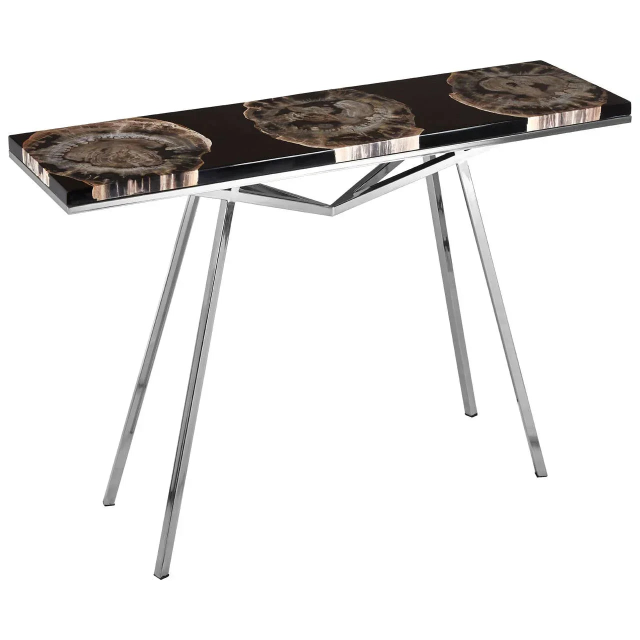 modern console table with petrified wood top and chrome angled metal legs