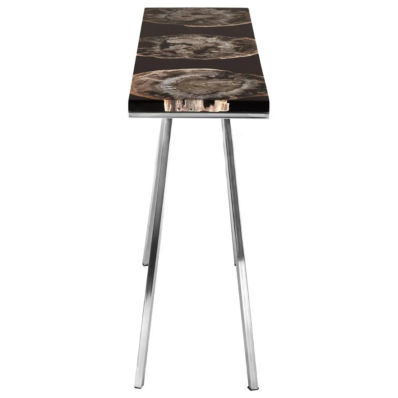 Narrow console table with polished chrome legs and black wood grain top, side profile view
