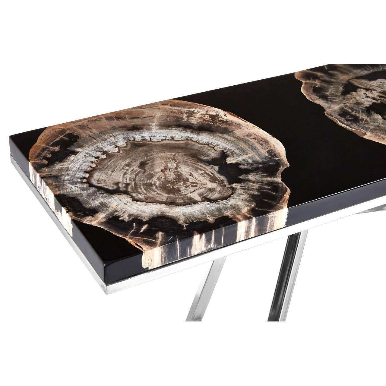 Rectangular console table with petrified wood top and polished chrome legs