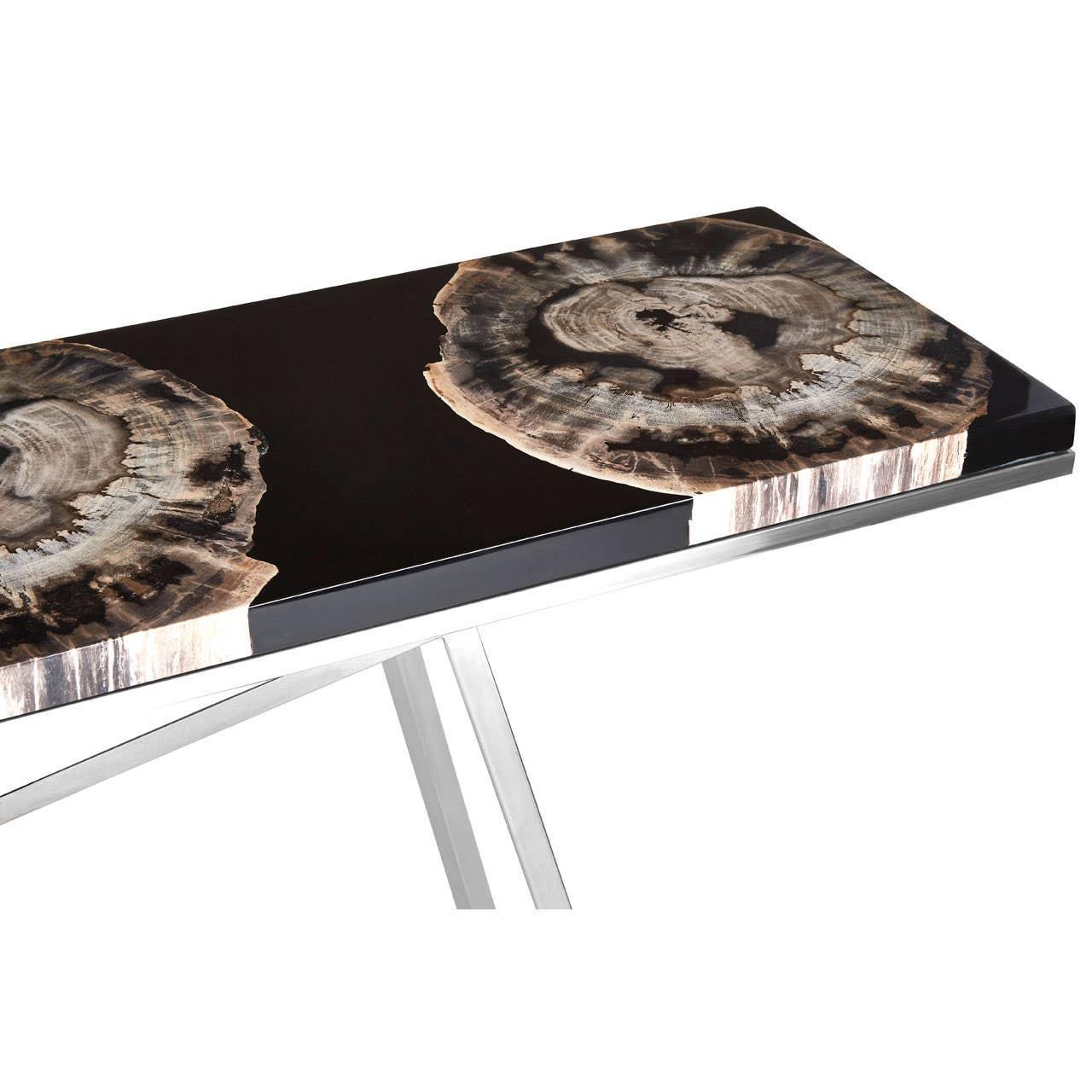 Petrified wood console table with black resin top and metal legs, close-up corner view