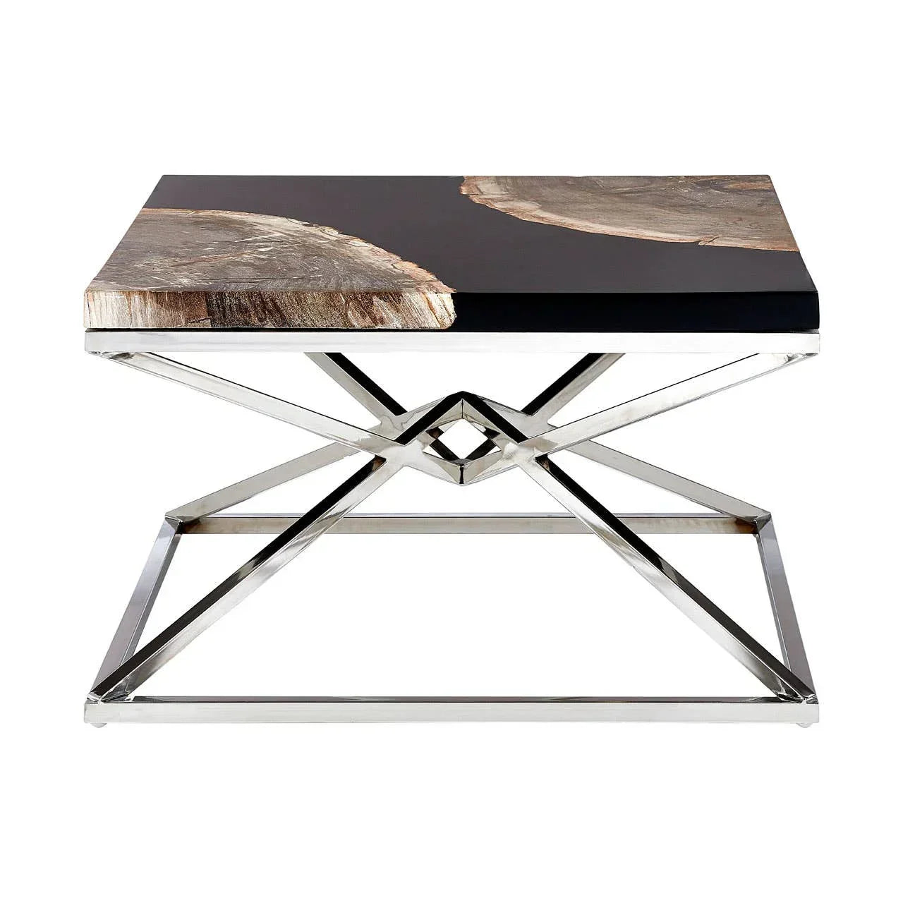 Contemporary coffee table with petrified wood top and geometric chrome frame base