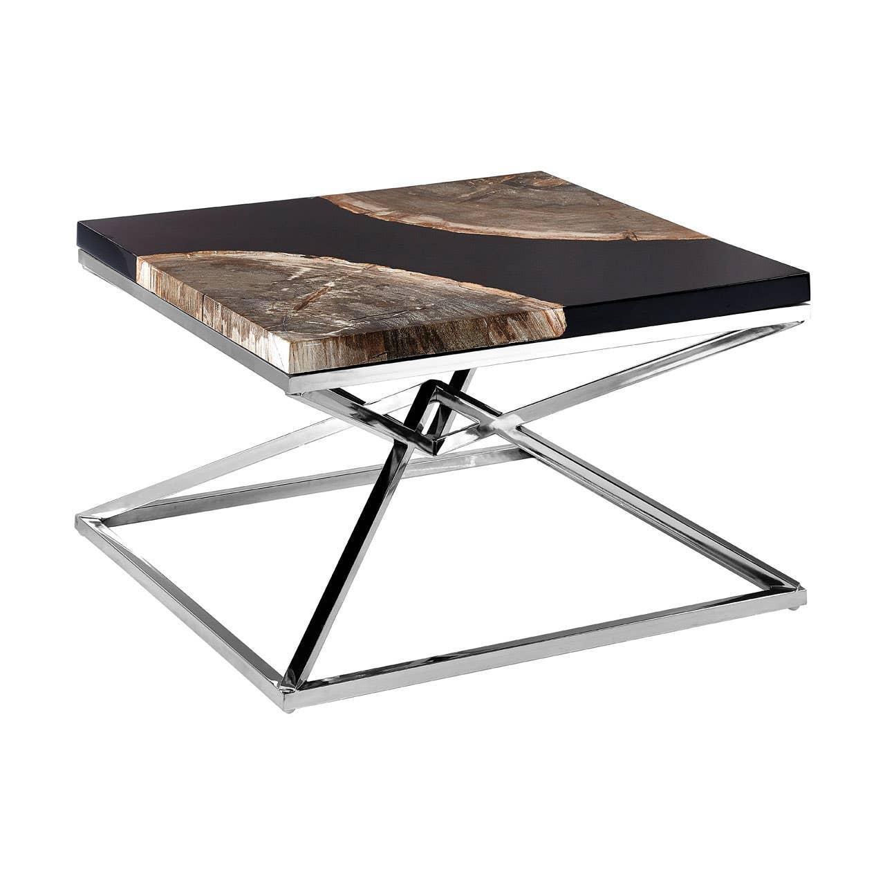 Square coffee table with wood and black resin top on chrome geometric base