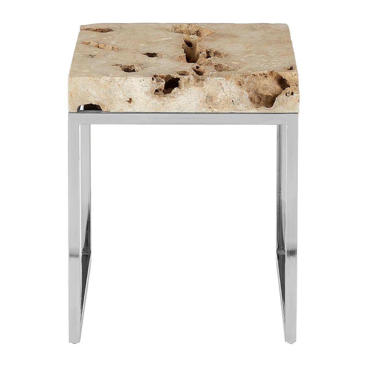 stone top side table with natural holes and chrome metal legs, front angle view