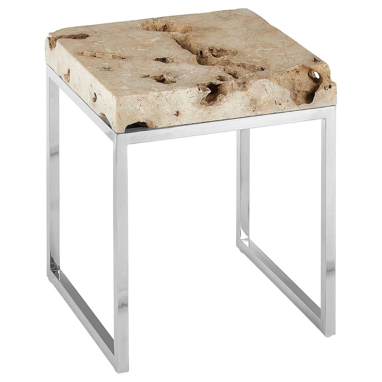 Stone top side table with natural rough edges on chrome metal frame
