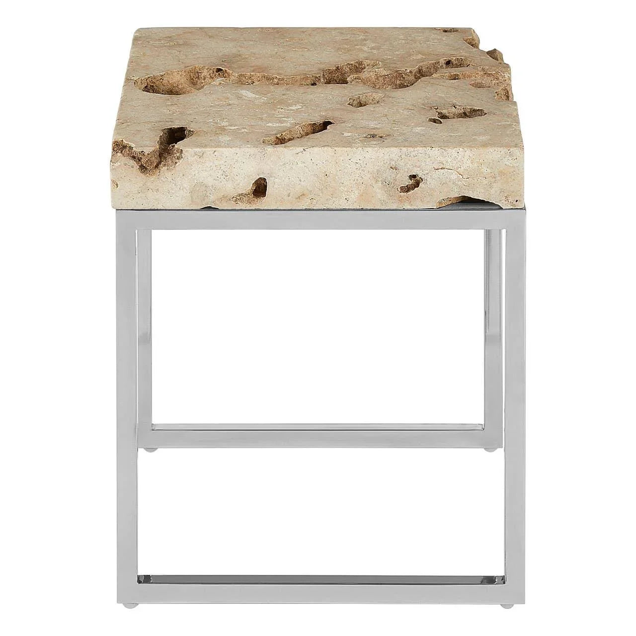 Stone top side table with natural edge on chrome metal frame, front view