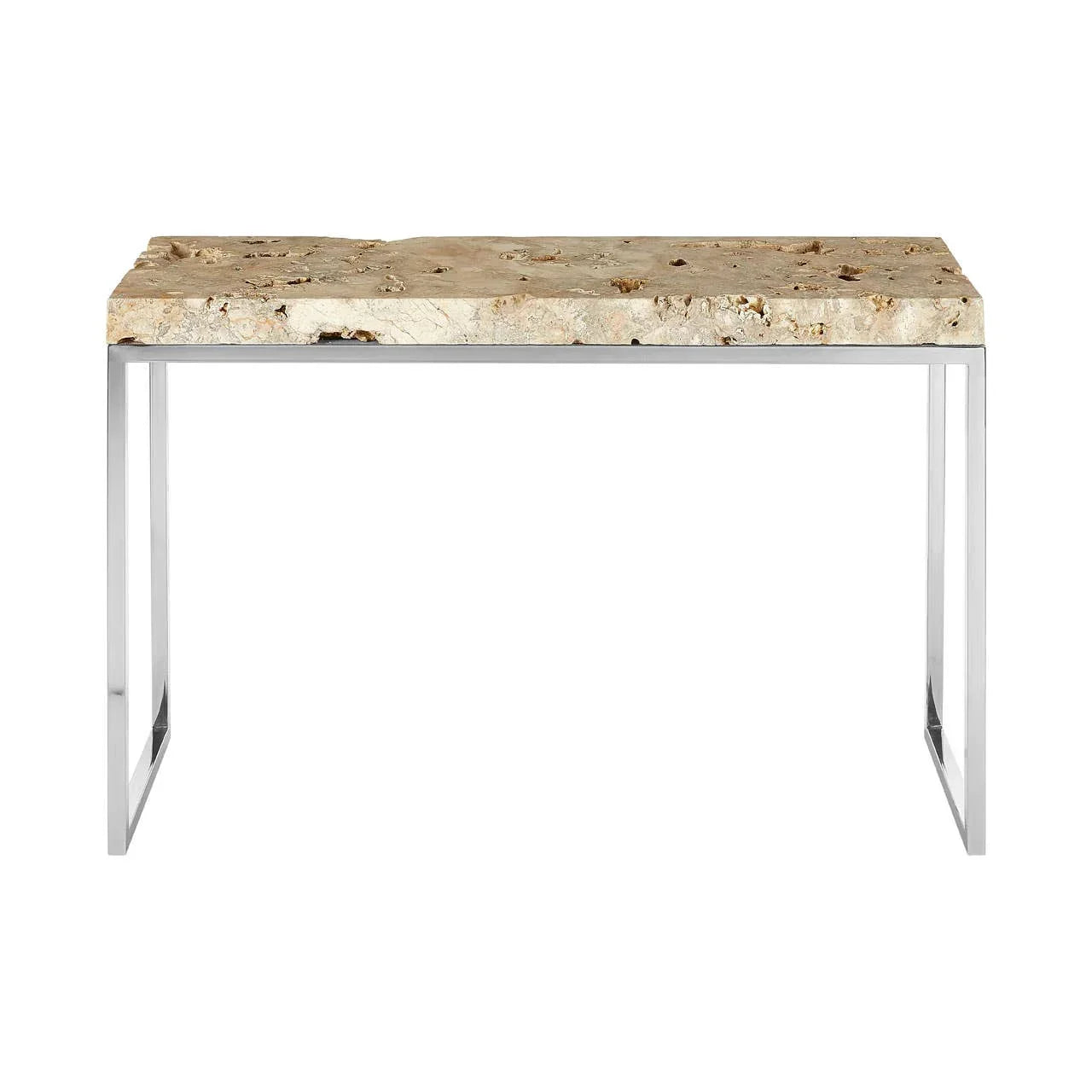 Console table with polished stone top and chrome metal legs, front view