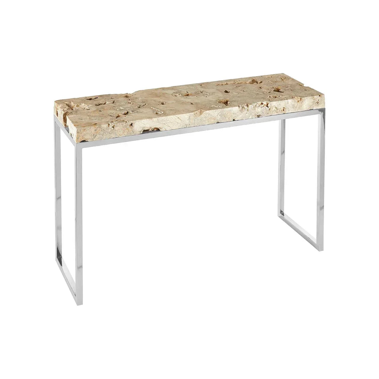 Modern console table with polished chrome legs and natural wood top