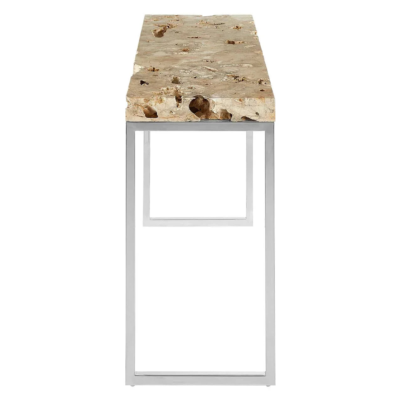 Narrow console table with natural wood top and metal frame, side angle view