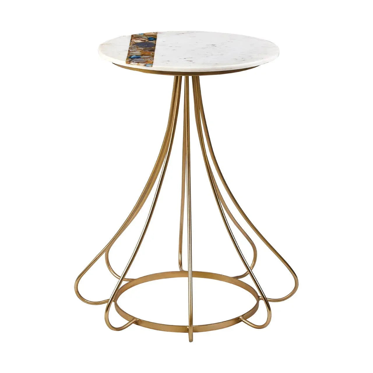 Round marble side table with gold metal frame and decorative inlay on tabletop