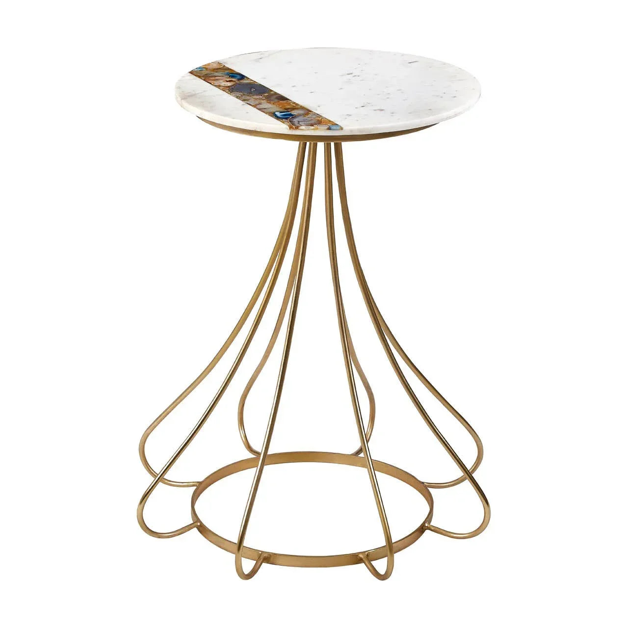 Marble side table with gold metal base and decorative stone inlay on the round top