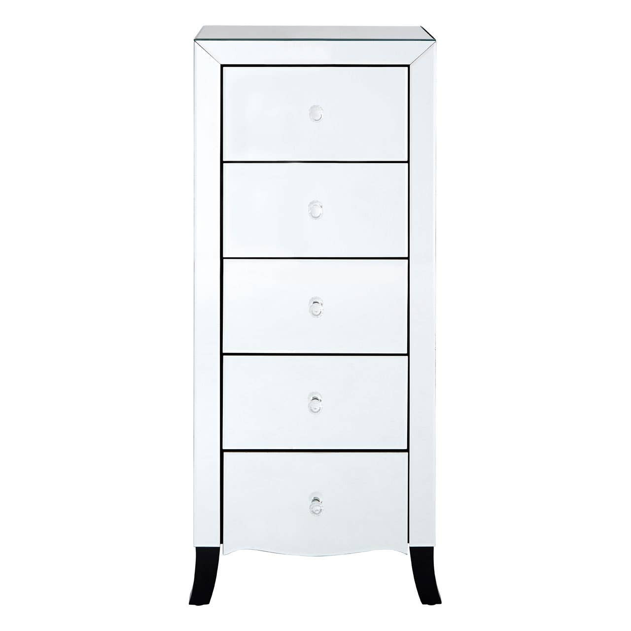 White chest of five drawers featuring a sleek design with a mirror frame, elegant round drawer knobs, and tapered black legs. The chest has a smooth finish and a curved bottom edge, adding a touch of sophistication to any room