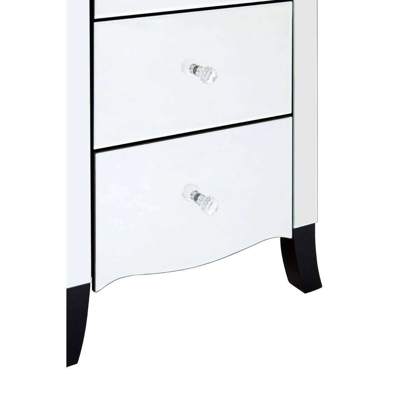 White chest of drawers featuring five spacious drawers with sleek silver knobs, a curved bottom edge, and elegant black legs. The design includes a mirror frame that enhances its modern aesthetic